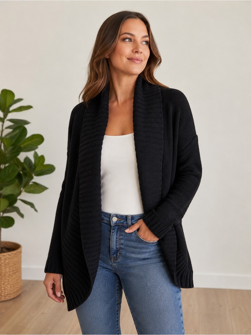 Black Open Front Shawl Collar Cardigan Sweater